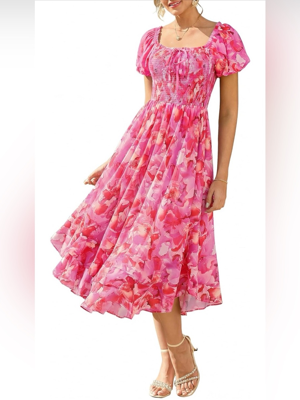 NWT Pink Floral Puff-Sleeve Dres-S - Picture 4 of 17